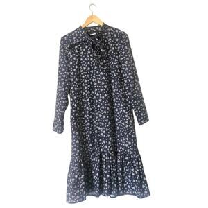 ROWE Navy Ditsy Floral Midi Dress Long Sleeve Tiered Hem Romantic Cottagecore 20